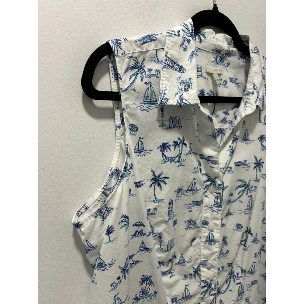 Talbots Plus Womens X White Blue Coastal Sailboat Palm Tree Sleeveless Shirt